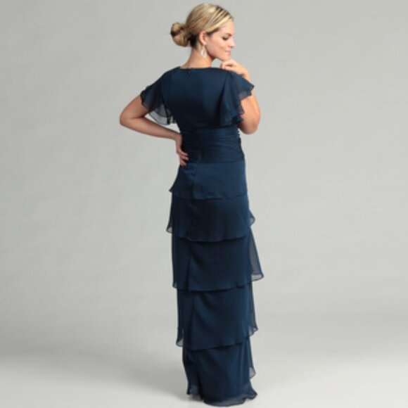 Adrianna Papell Navy Flutter Sleeve Tier Gown - Size 6 - Picture 2 of 16
